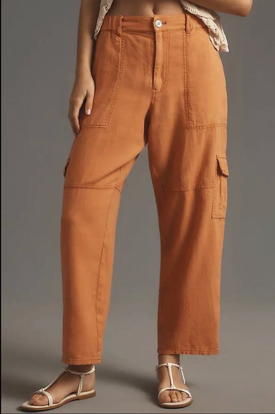 ANTHROPOLOGIE Pilcro Slim Linen Beach Cargo Pants in Orange // 31T